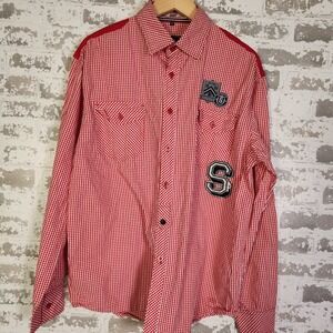 Vintage Southpole Mens Shirt XL Red Gingham Button Down Patches Embroidered‎